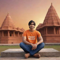 Generate a 3D illustration of a 21-year-old cartoon style boy, wearing an orange shirt with the name 'Ravi Teja' written on the back, sitting peacefully in front of a Lord Ram temple at sunset.