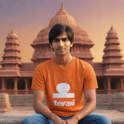 Generate a 3D illustration of a 21-year-old cartoon style boy, wearing an orange shirt with the name 'Ravi Teja' written on the back, sitting peacefully in front of a Lord Ram temple at sunset.