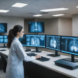 An AI operating in a state-of-the-art medical facility, analyzing data on multiple screens and assisting doctors with diagnoses.