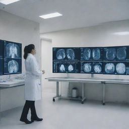 An AI operating in a state-of-the-art medical facility, analyzing data on multiple screens and assisting doctors with diagnoses.