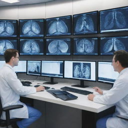 An AI operating in a state-of-the-art medical facility, analyzing data on multiple screens and assisting doctors with diagnoses.