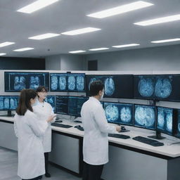 An AI operating in a state-of-the-art medical facility, analyzing data on multiple screens and assisting doctors with diagnoses.