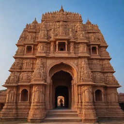 An opulent and intricate Ram Mandir (Hindu temple dedicated to Lord Rama) at sunrise, bathed in golden light with intricate carvings on the sandstone facade, against a serene, blue sky.