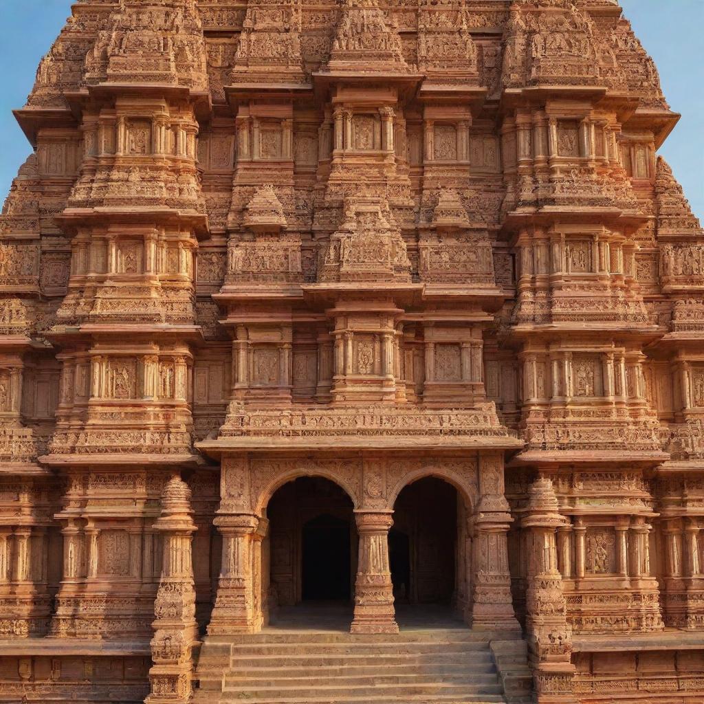 An opulent and intricate Ram Mandir (Hindu temple dedicated to Lord Rama) at sunrise, bathed in golden light with intricate carvings on the sandstone facade, against a serene, blue sky.