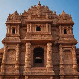 An opulent and intricate Ram Mandir (Hindu temple dedicated to Lord Rama) at sunrise, bathed in golden light with intricate carvings on the sandstone facade, against a serene, blue sky.