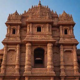 An opulent and intricate Ram Mandir (Hindu temple dedicated to Lord Rama) at sunrise, bathed in golden light with intricate carvings on the sandstone facade, against a serene, blue sky.