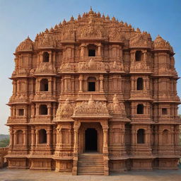 An opulent and intricate Ram Mandir (Hindu temple dedicated to Lord Rama) at sunrise, bathed in golden light with intricate carvings on the sandstone facade, against a serene, blue sky.