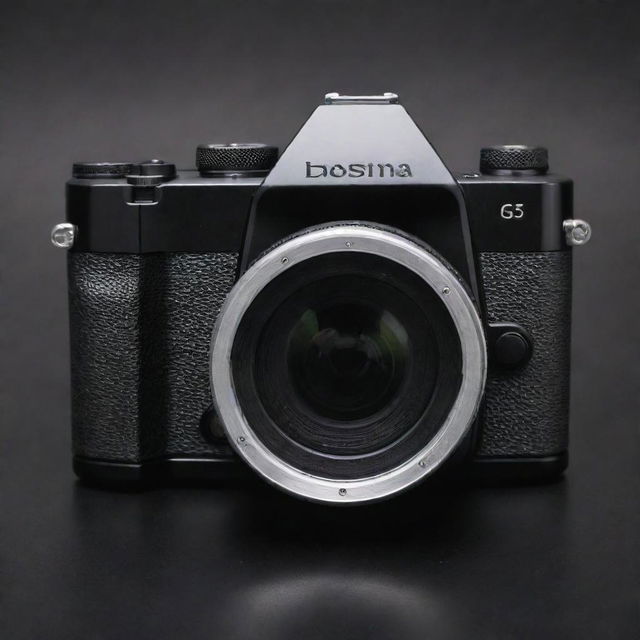 A camera with a sleek black and white design and a large, prominent lens.