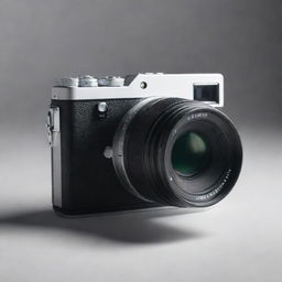 A camera with a sleek black and white design and a large, prominent lens.