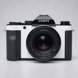 A camera with a sleek black and white design and a large, prominent lens.