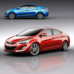 A high-quality 3D rendered image showcases a 2013 Hyundai Elantra sedan, transformed into a four-door hypercar