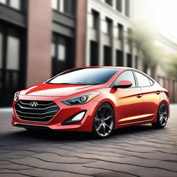 A high-quality 3D rendered image showcases a 2013 Hyundai Elantra sedan, transformed into a four-door hypercar
