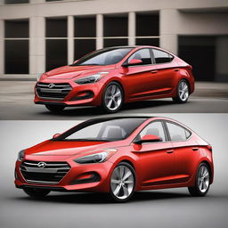 A high-quality 3D rendered image showcases a 2013 Hyundai Elantra sedan, transformed into a four-door hypercar