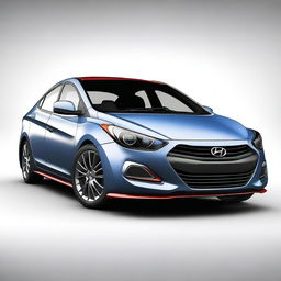 A high-quality 3D rendered image showcases a 2013 Hyundai Elantra sedan, transformed into a four-door hypercar