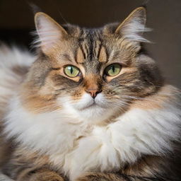 A fluffy domestic cat lounging gracefully with its vibrant eyes and intricately patterned fur bathed in soft, morning sunlight.