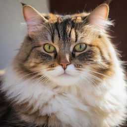 A fluffy domestic cat lounging gracefully with its vibrant eyes and intricately patterned fur bathed in soft, morning sunlight.