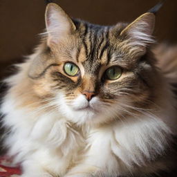 A fluffy domestic cat lounging gracefully with its vibrant eyes and intricately patterned fur bathed in soft, morning sunlight.