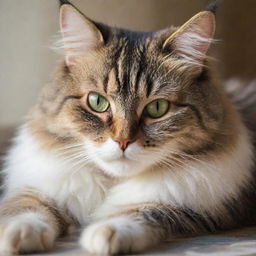 A fluffy domestic cat lounging gracefully with its vibrant eyes and intricately patterned fur bathed in soft, morning sunlight.