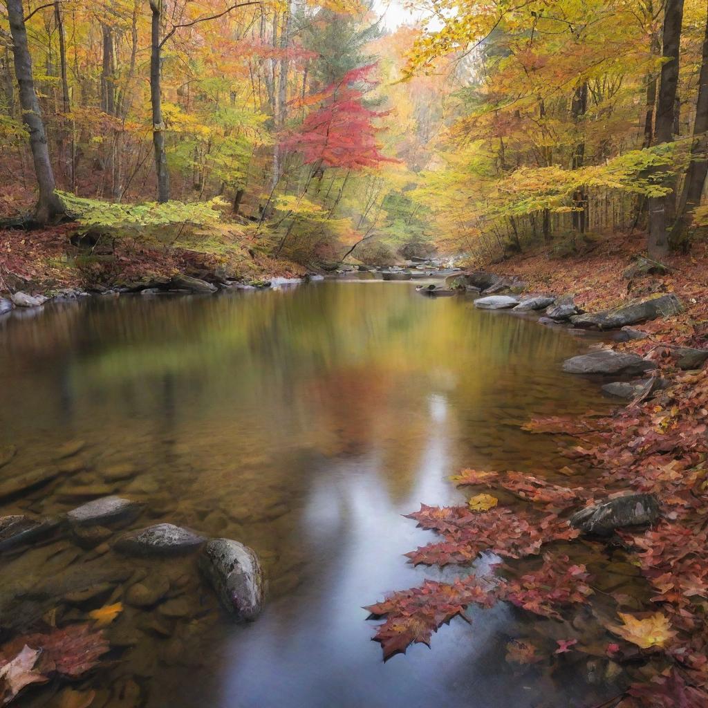 A serene landscape of a tranquil forest with a crystal clear river running through, with vibrant fall leaves falling gently.