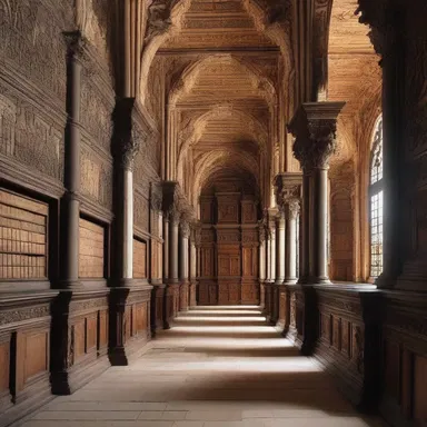 The grand library of the old cathedral was decorated with intricate carvings, and the priests' private chambers were adorned with shelves of breviaries.
