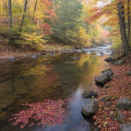 A serene landscape of a tranquil forest with a crystal clear river running through, with vibrant fall leaves falling gently.