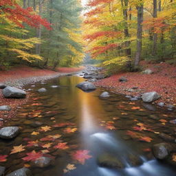 A serene landscape of a tranquil forest with a crystal clear river running through, with vibrant fall leaves falling gently.