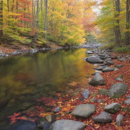 A serene landscape of a tranquil forest with a crystal clear river running through, with vibrant fall leaves falling gently.