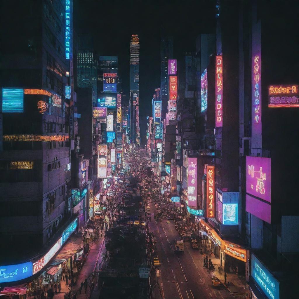 A surreal snapshot of a bustling cityscape at midnight, imbued with a myriad of glowing neon lights.