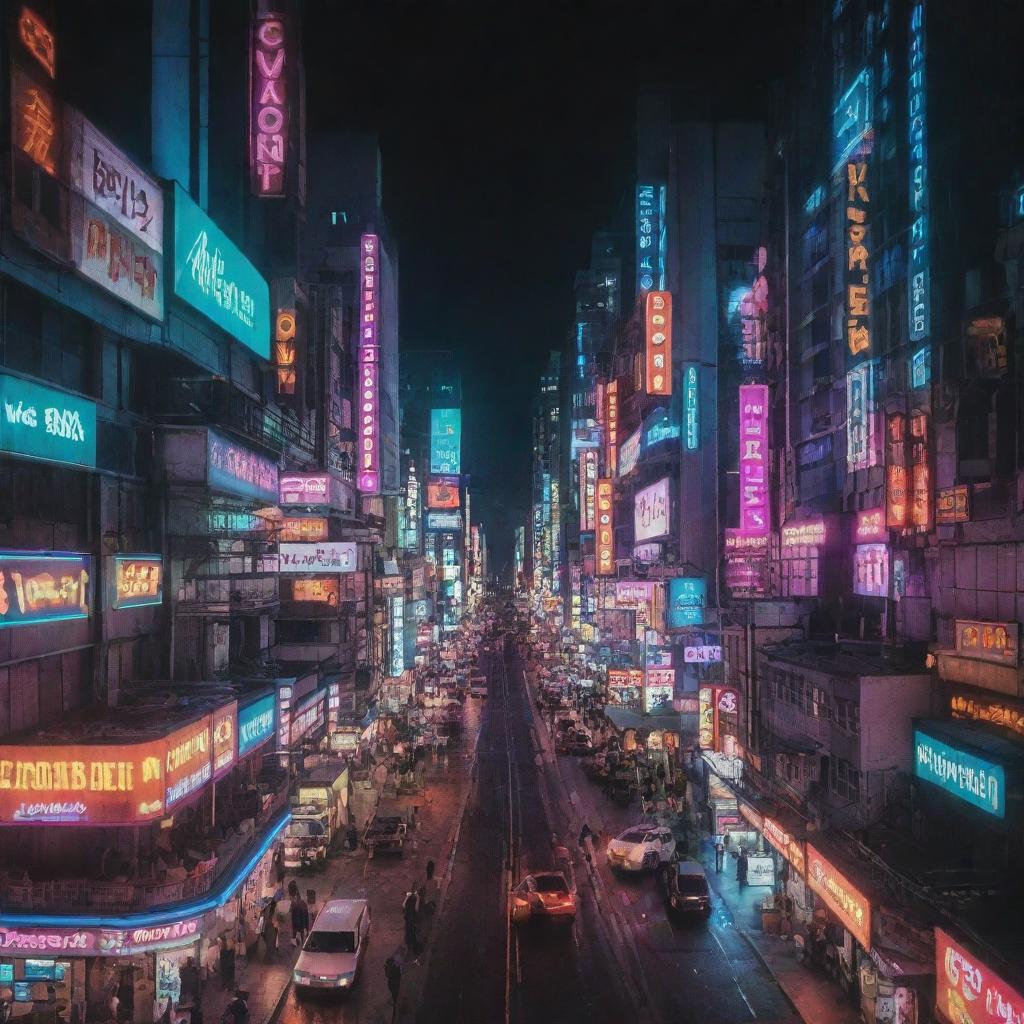 A surreal snapshot of a bustling cityscape at midnight, imbued with a myriad of glowing neon lights.