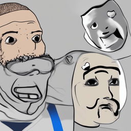 A humorous, digitally rendered image featuring a cartoon representation of Drake in the style of the Wojak meme on the left, showing disapproval, and a comically derpy Wojak character on the right, with a goofy smile and blissfully unaware expression