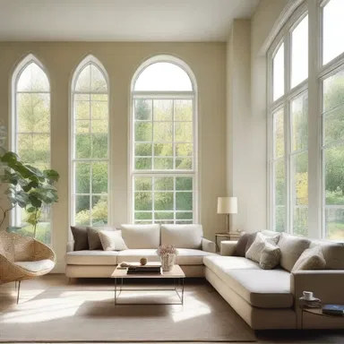 The natural light permeates through the large windows, creating a bright and airy atmosphere in the living room.
