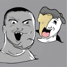 A humorous, digitally rendered image featuring a cartoon representation of Drake in the style of the Wojak meme on the left, showing disapproval, and a comically derpy Wojak character on the right, with a goofy smile and blissfully unaware expression