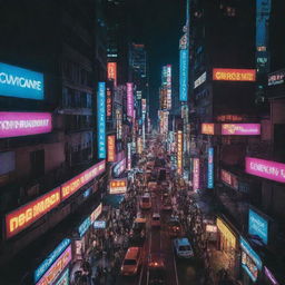 A surreal snapshot of a bustling cityscape at midnight, imbued with a myriad of glowing neon lights.