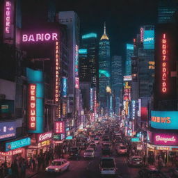 A surreal snapshot of a bustling cityscape at midnight, imbued with a myriad of glowing neon lights.