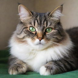 A fluffy, charismatic domestic cat with bright green eyes lounging lazily