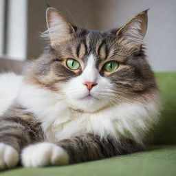 A fluffy, charismatic domestic cat with bright green eyes lounging lazily