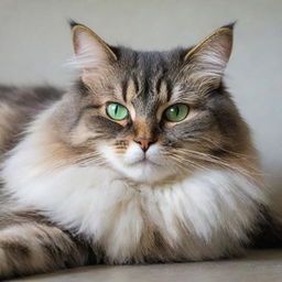 A fluffy, charismatic domestic cat with bright green eyes lounging lazily