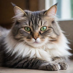 A fluffy, charismatic domestic cat with bright green eyes lounging lazily