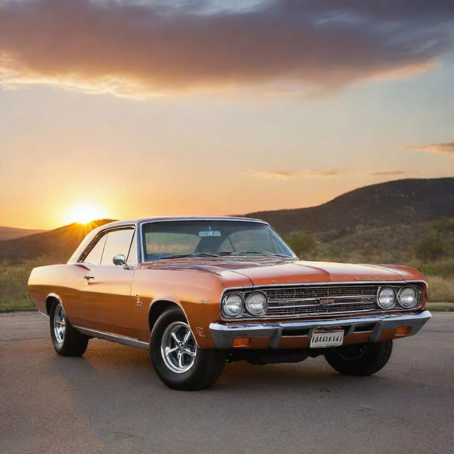 A masterpiece of a 1960s classic muscle car, gleaming under a radiant sunset