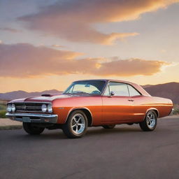 A masterpiece of a 1960s classic muscle car, gleaming under a radiant sunset