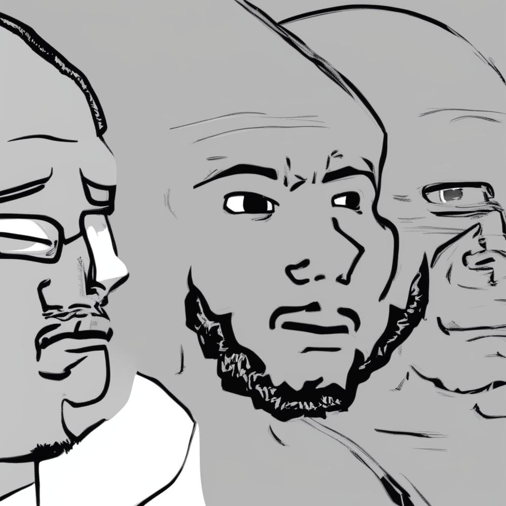 A high-quality digital image featuring a representation of Drake in the style of the Wojak meme on the left, showing disapproval, and a standard Wojak character on the right, with a neutral expression