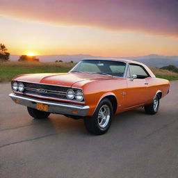 A masterpiece of a 1960s classic muscle car, gleaming under a radiant sunset