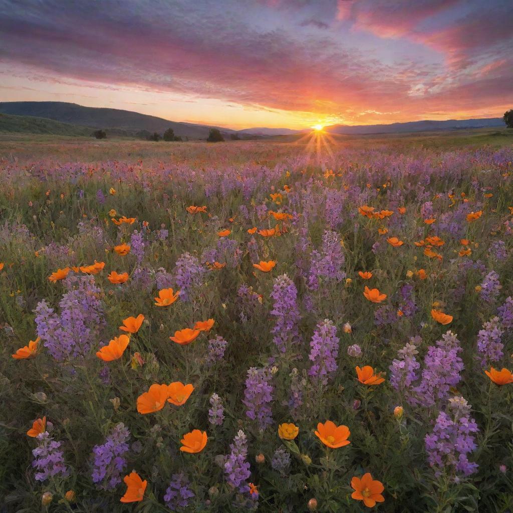 Transformative sunset over a wildflower meadow, depicting vibrant hues of orange, pink, and purple in the sky, a golden sun slipping beneath the horizon, and a foreground filled with a myriad of blooming wildflowers.