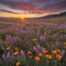 Transformative sunset over a wildflower meadow, depicting vibrant hues of orange, pink, and purple in the sky, a golden sun slipping beneath the horizon, and a foreground filled with a myriad of blooming wildflowers.