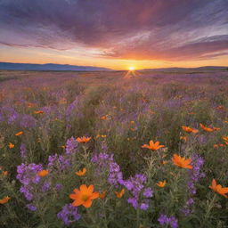 Transformative sunset over a wildflower meadow, depicting vibrant hues of orange, pink, and purple in the sky, a golden sun slipping beneath the horizon, and a foreground filled with a myriad of blooming wildflowers.