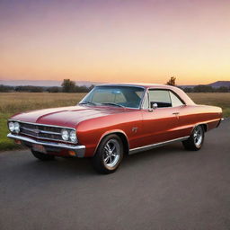 A masterpiece of a 1960s classic muscle car, gleaming under a radiant sunset