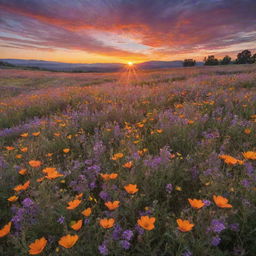 Transformative sunset over a wildflower meadow, depicting vibrant hues of orange, pink, and purple in the sky, a golden sun slipping beneath the horizon, and a foreground filled with a myriad of blooming wildflowers.