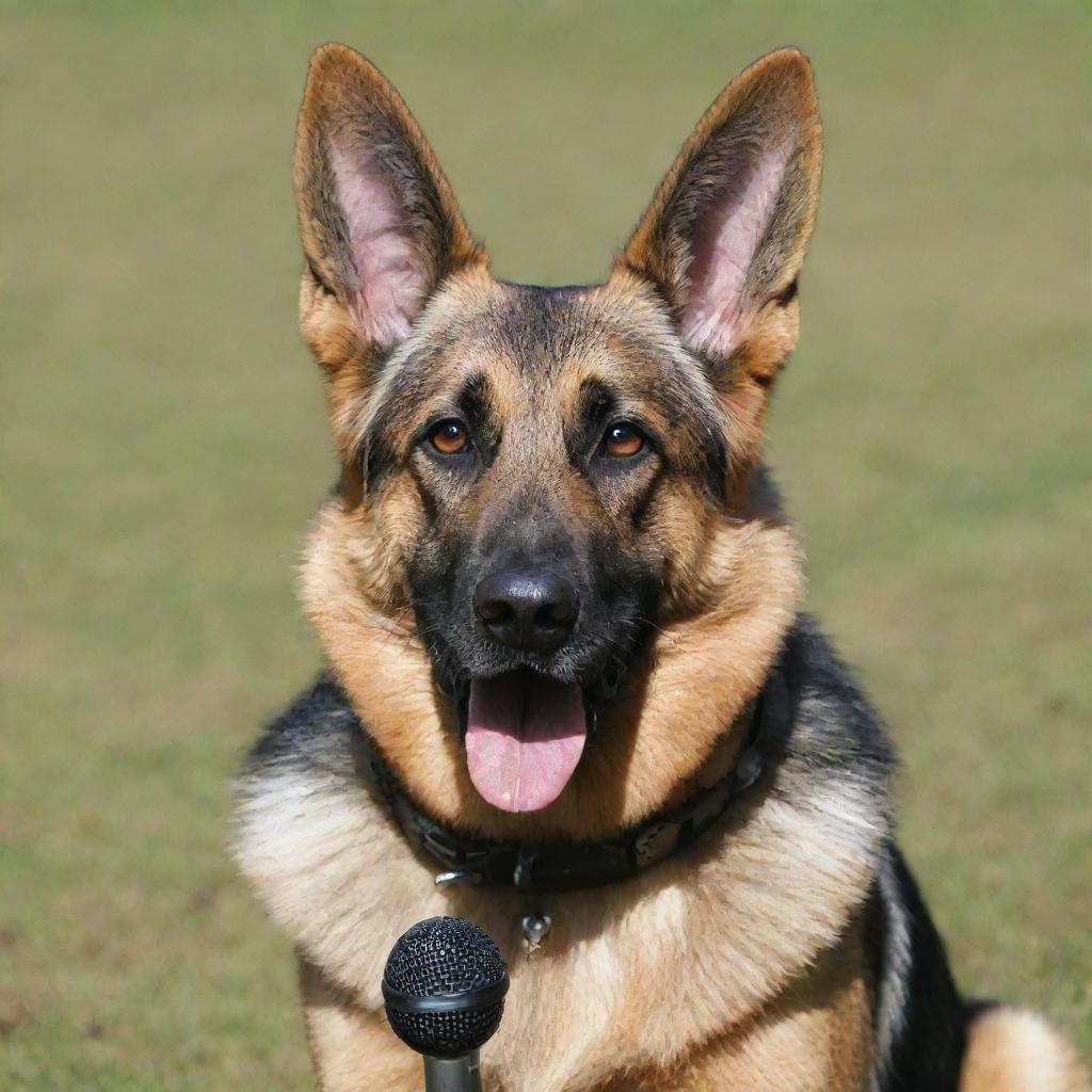 A German Shepard, named Danke, confidently holding a microphone in his mouth, ready to perform