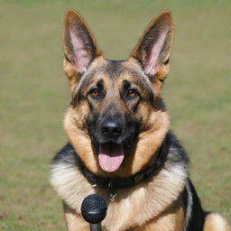 A German Shepard, named Danke, confidently holding a microphone in his mouth, ready to perform