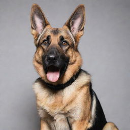 A German Shepard, named Danke, confidently holding a microphone in his mouth, ready to perform